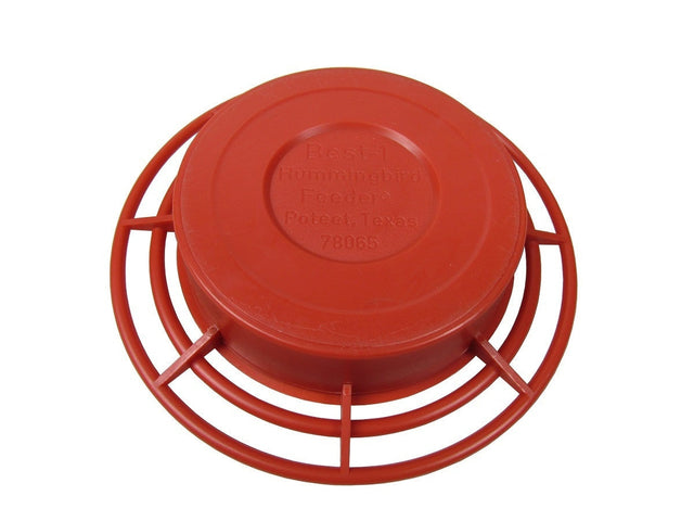 Plastic hummingbird feeder from Best-1 Poteet Texas featuring a vibrant red color a circular design and imprinted text 78065