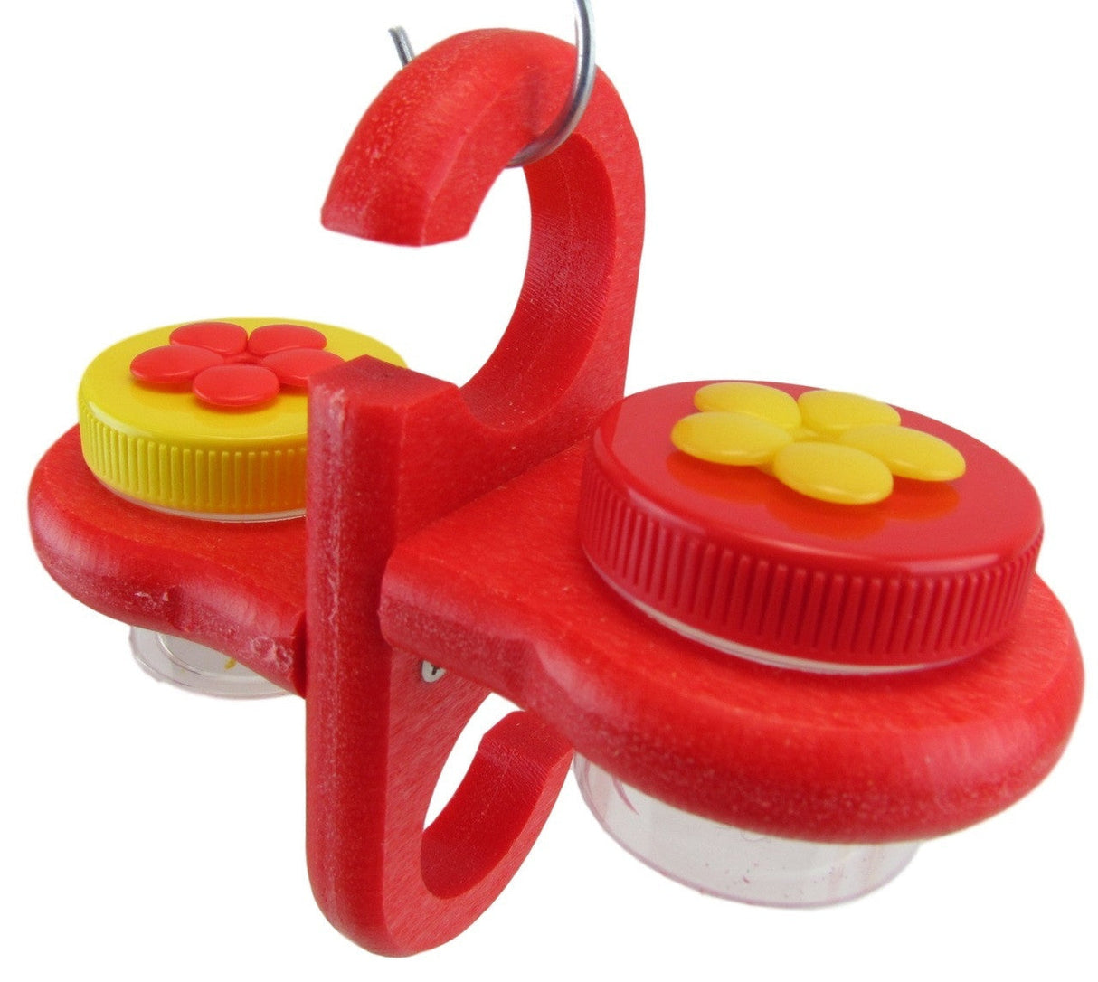 Unknown artist, handcrafted red wooden hummingbird feeder with two clear jars yellow and red flower accents and a metal hanging hook