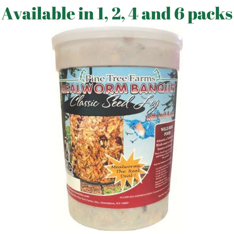 Pine Tree Farms Mealworm Banquet Classic Seed Log 72 oz in a clear container, available in 1, 2, 4, and 6 packs for wild birds.