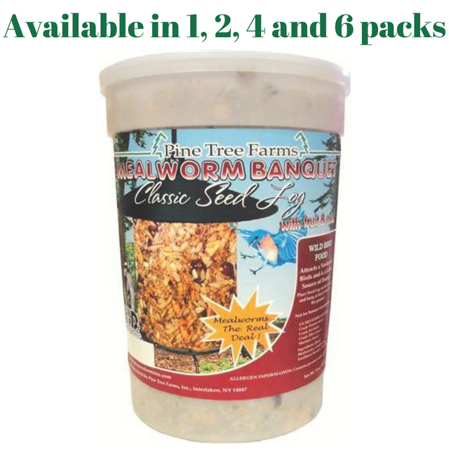 Pine Tree Farms Mealworm Banquet Classic Seed Log 72 oz in a clear container, available in 1, 2, 4, and 6 packs for wild birds.