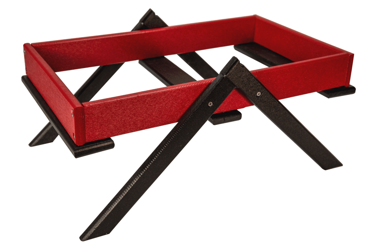 Product image of a red and black wooden tray with a foldable stand showcasing textured surfaces visible screw details and a sturdy design