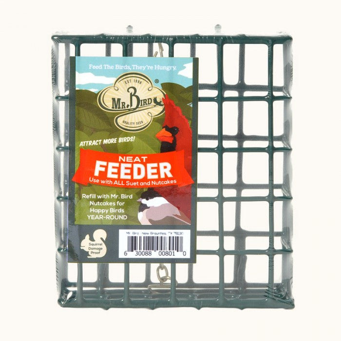 Mr. Bird product photography showing a dark green metal Neat Feeder for suet and nutcakes featuring a cardinal and chickadee on the packaging against a white background