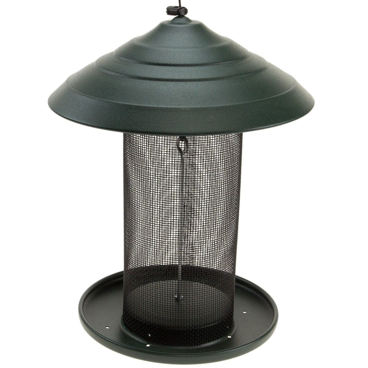 Metal bird feeder with a dark green, wide-brimmed top, a cylindrical mesh body, and a circular base showing off its dark metallic finish and simple design