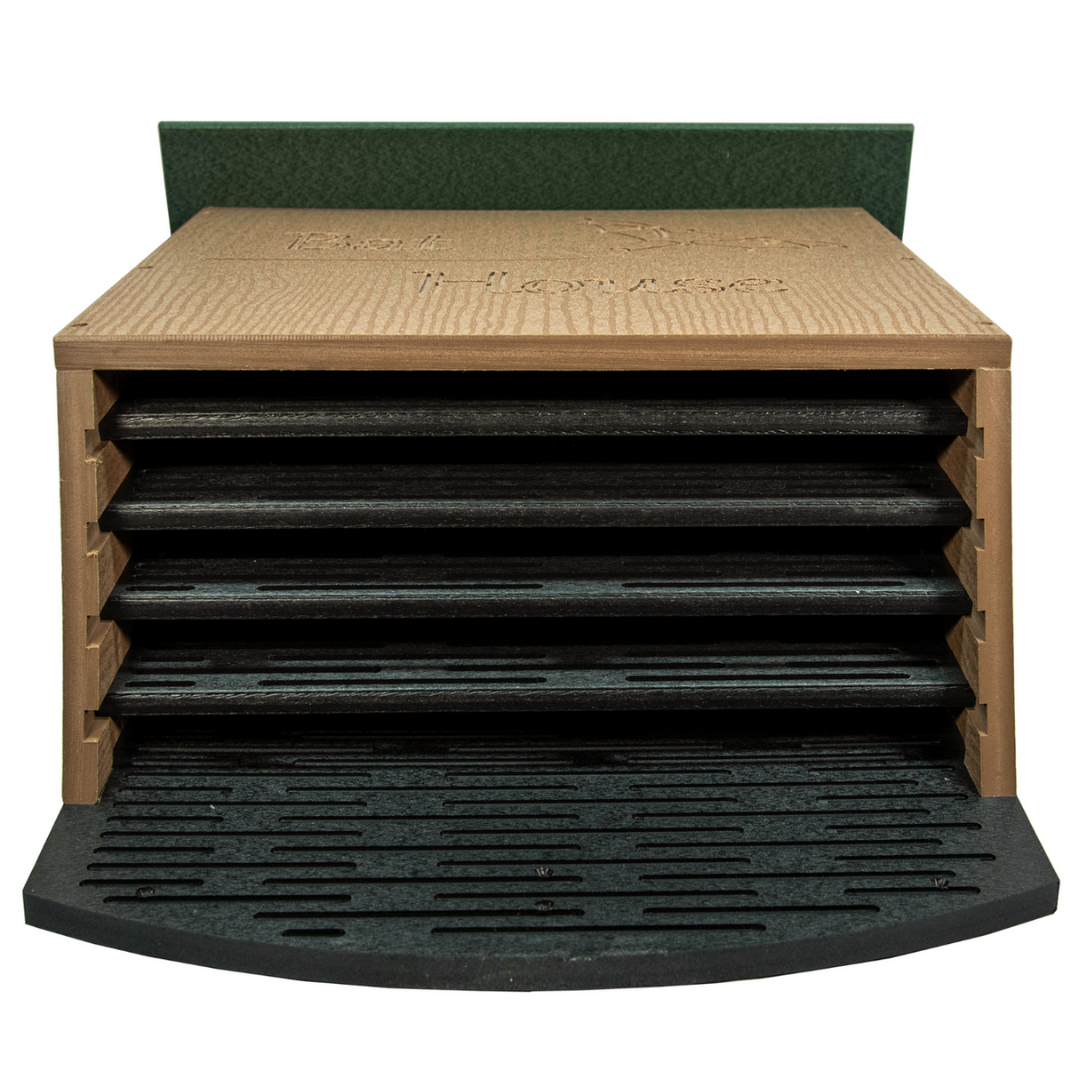 Product image of a Best-1 Flower House showing multiple dark brown trays a green top and wood grain texture