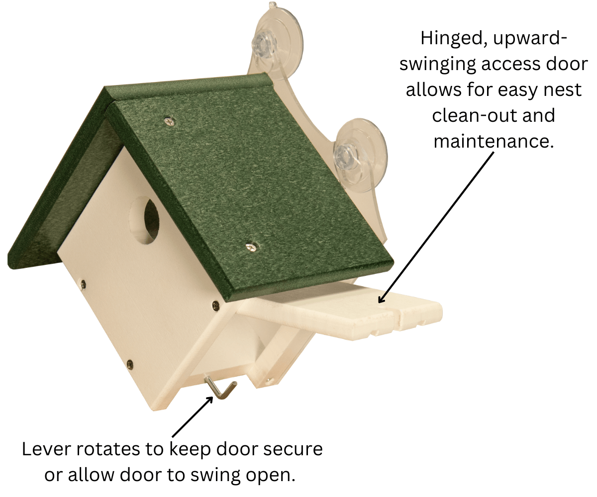 JCS Wildlife Recycled Poly Lumber Window-Mount Wren House with access door for easy cleaning and maintenance.