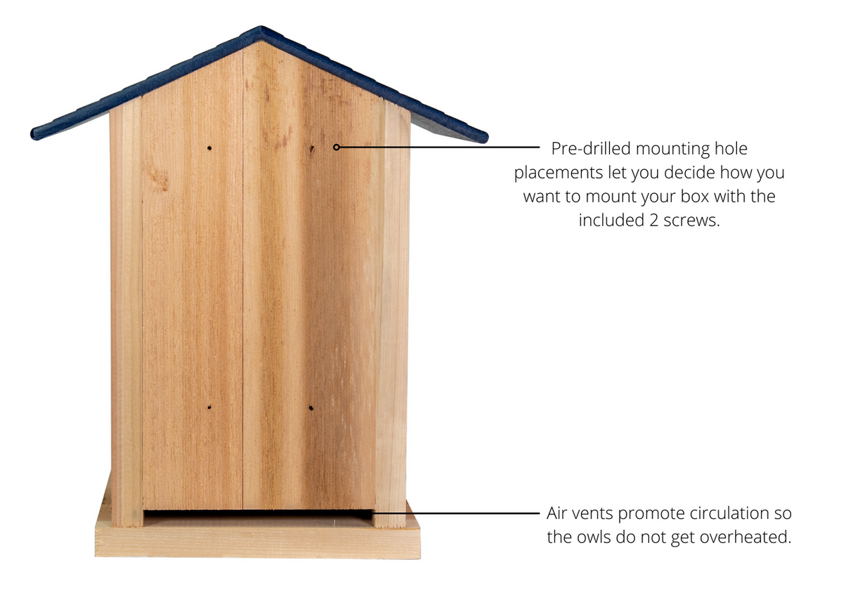 JCS Wildlife Cedar Screech Owl Nest Box with Poly Lumber Roof showing pre-drilled holes and air vents for circulation.