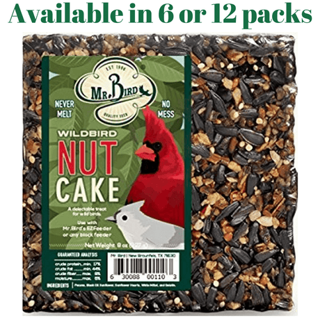Mr. Bird Wild Bird Nut Cake 8 oz. seed cake, available in 6 or 12 packs for feeding various birds.