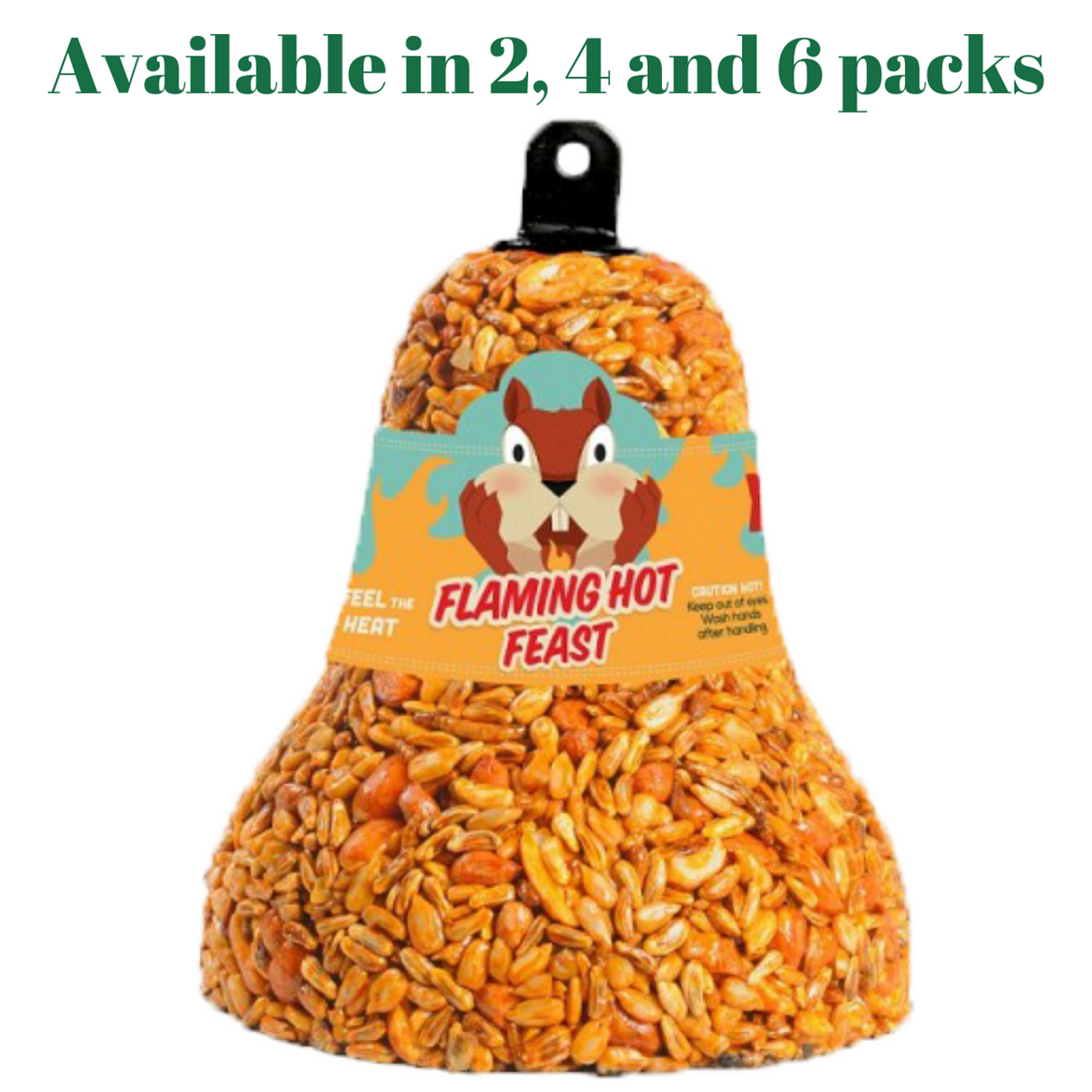 Mr. Bird Flaming Hot Feast Wild Bird Seed Bell available in 2, 4, and 6 packs, featuring a spicy mix for birds.
