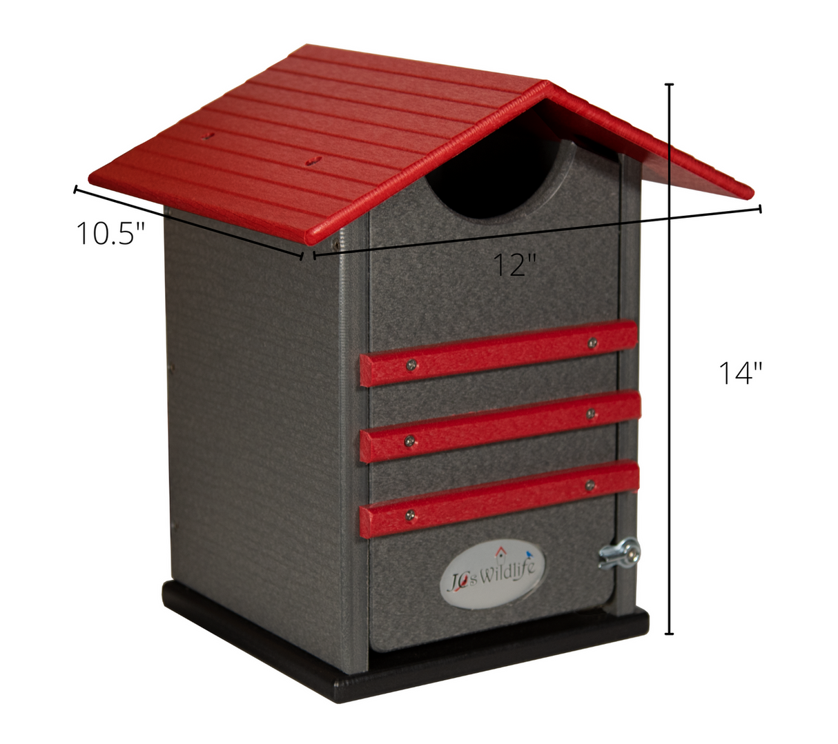 Product shot of a J&S Wildlife gray and red plastic birdhouse with a red roof and three red horizontal accents against a white background
