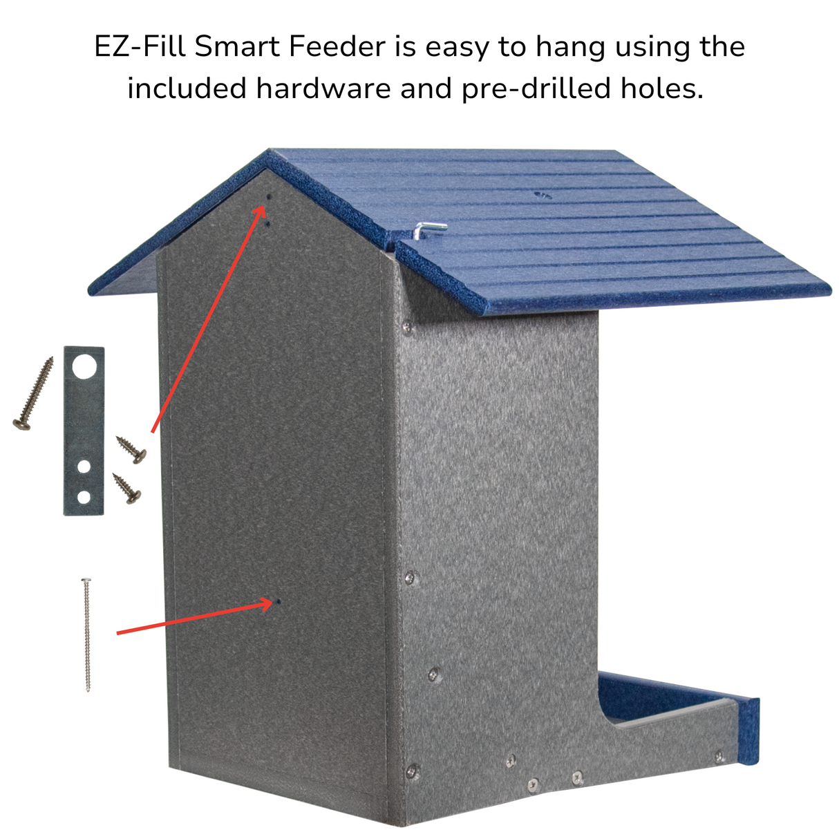 JCS Wildlife E-Z Fill Smart Bird Feeder showing hanging hardware and pre-drilled holes for easy installation.