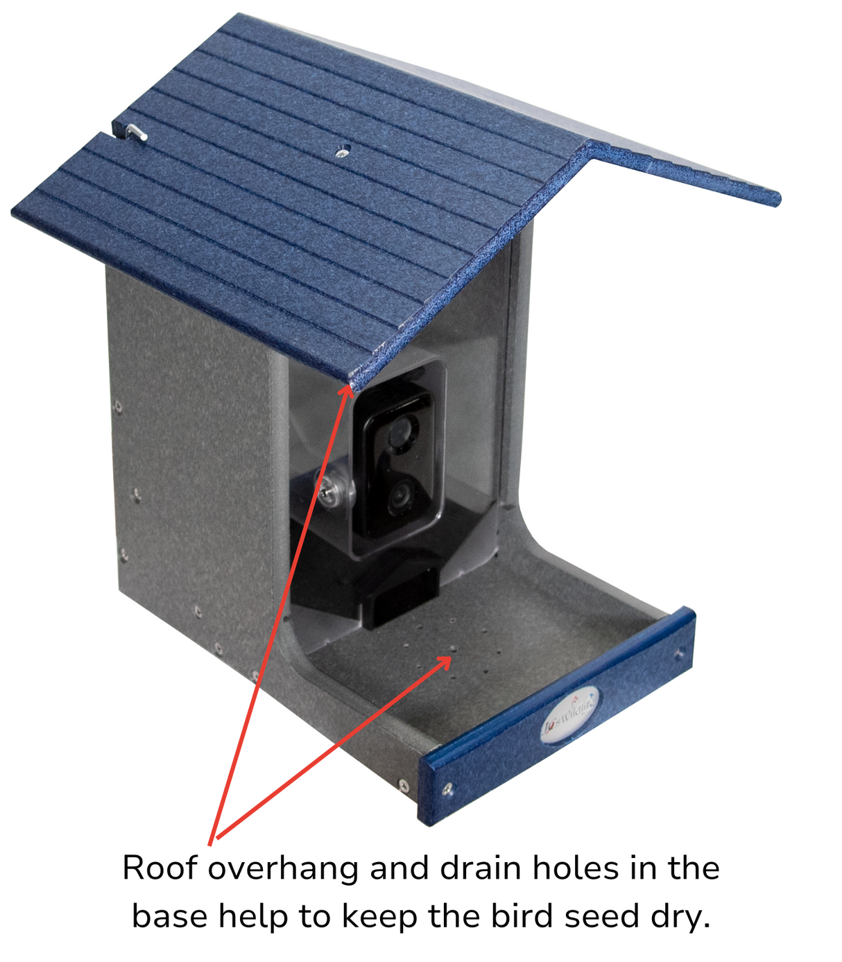 JCS Wildlife E-Z Fill Smart Bird Feeder showing roof overhang and drain holes for keeping bird seed dry.