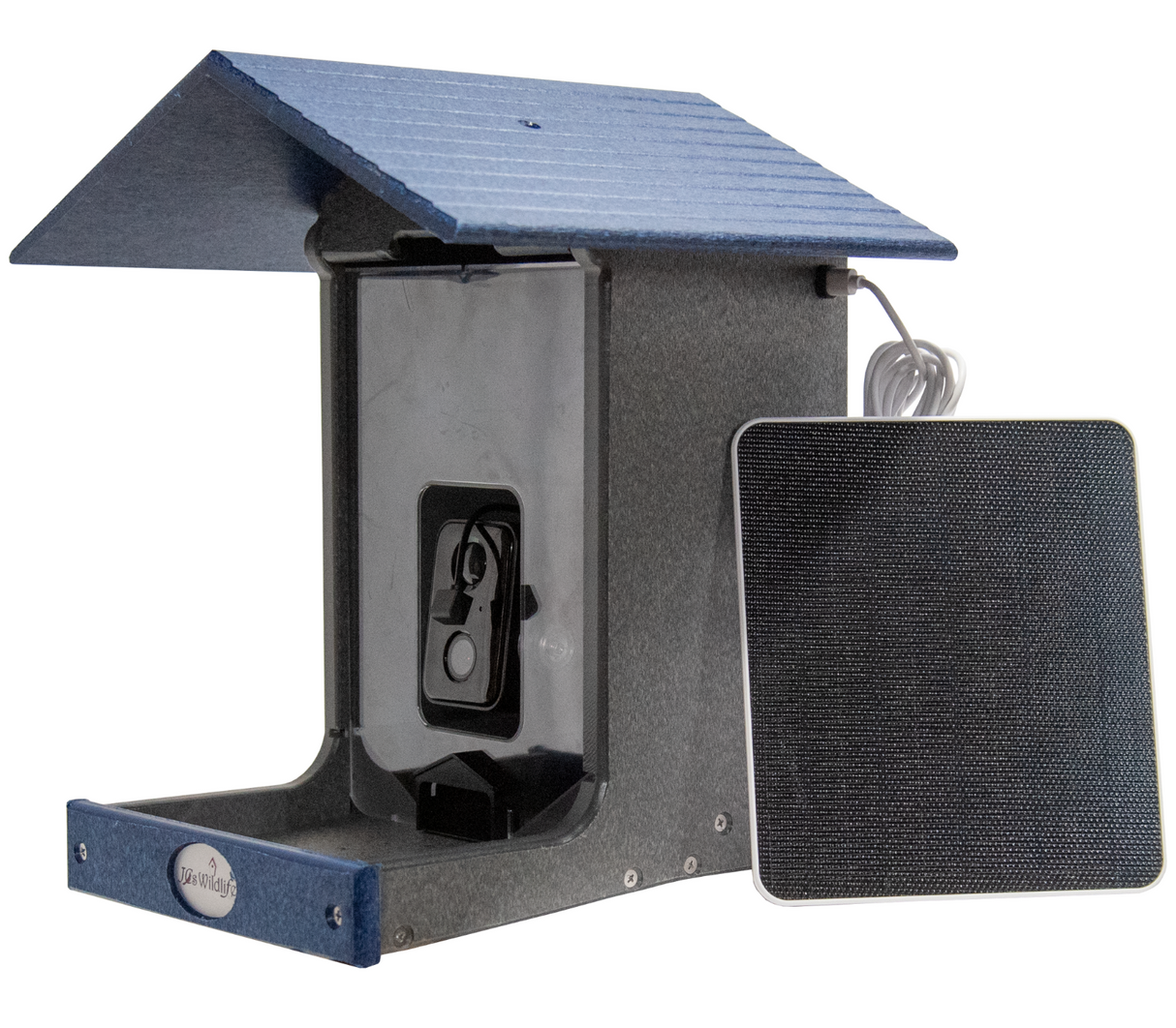 JCS Wildlife E-Z Fill Smart Bird Feeder with WiFi camera and solar panel for bird watching.