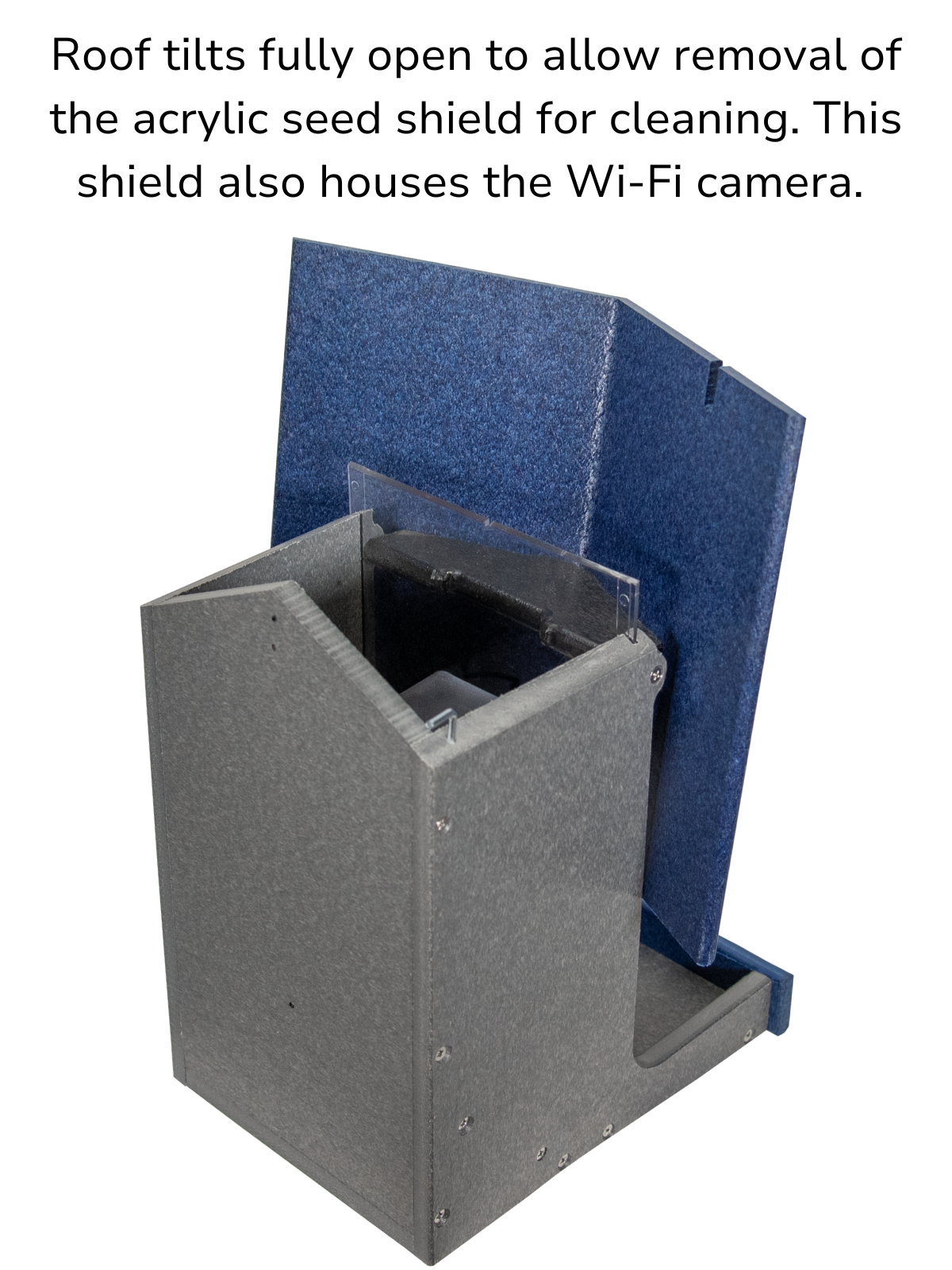 JCS Wildlife E-Z Fill Smart Bird Feeder with tilted roof for easy cleaning and integrated Wi-Fi camera access.