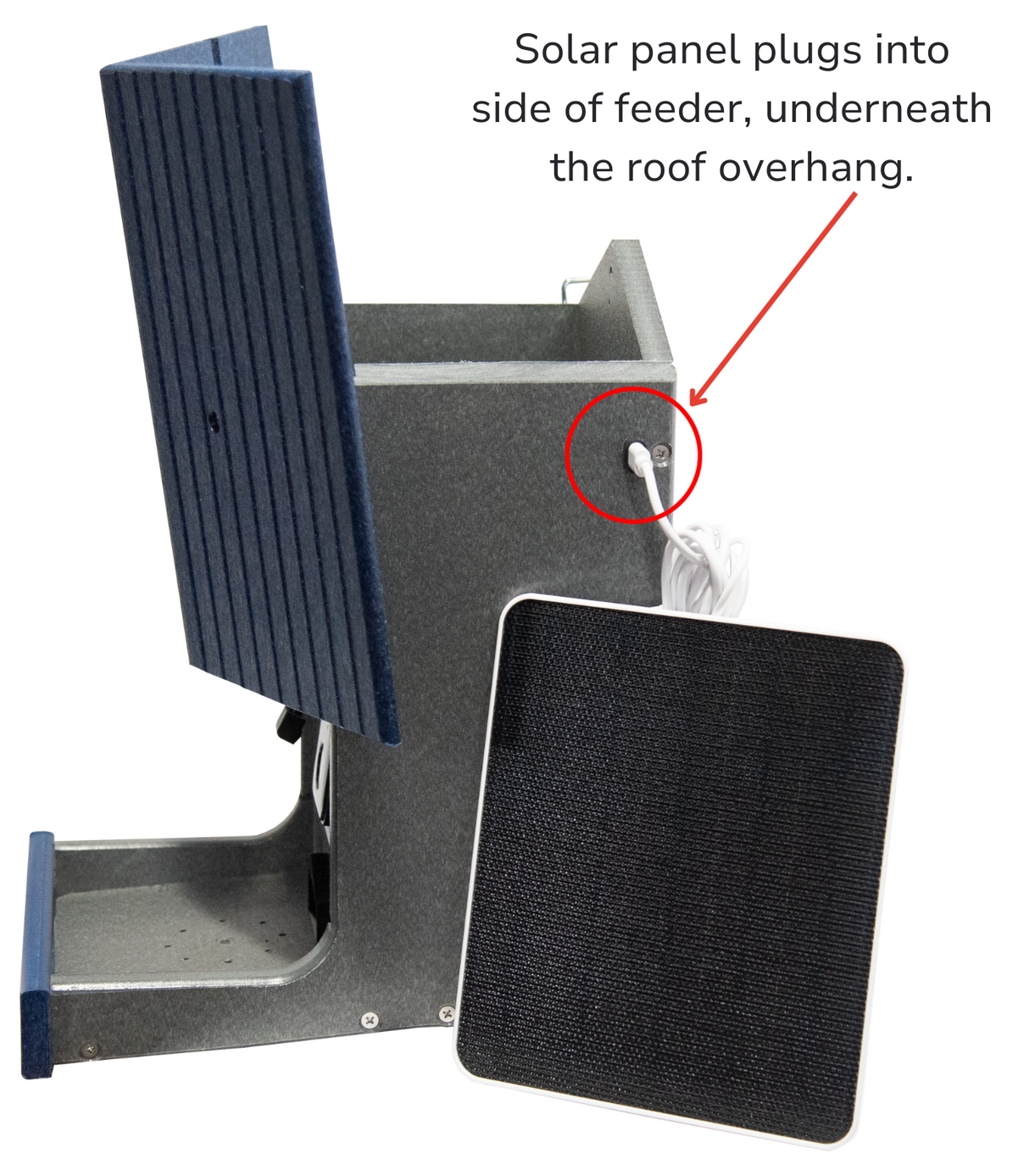 Close-up of JCS Wildlife E-Z Fill Smart Bird Feeder showing solar panel connection for sustainable charging.