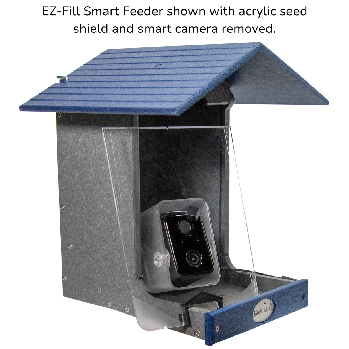 JCS Wildlife E-Z Fill Smart Bird Feeder with acrylic seed shield and camera removed, showcasing design.