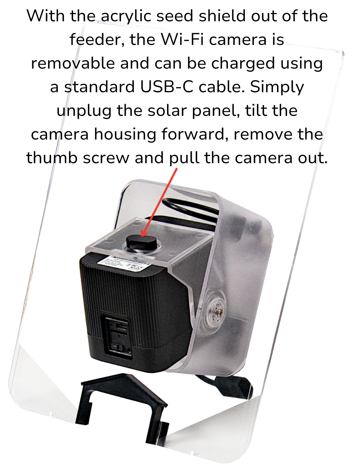 Removable Wi-Fi camera for JCS Wildlife E-Z Fill Smart Bird Feeder, showing charging method and installation instructions.