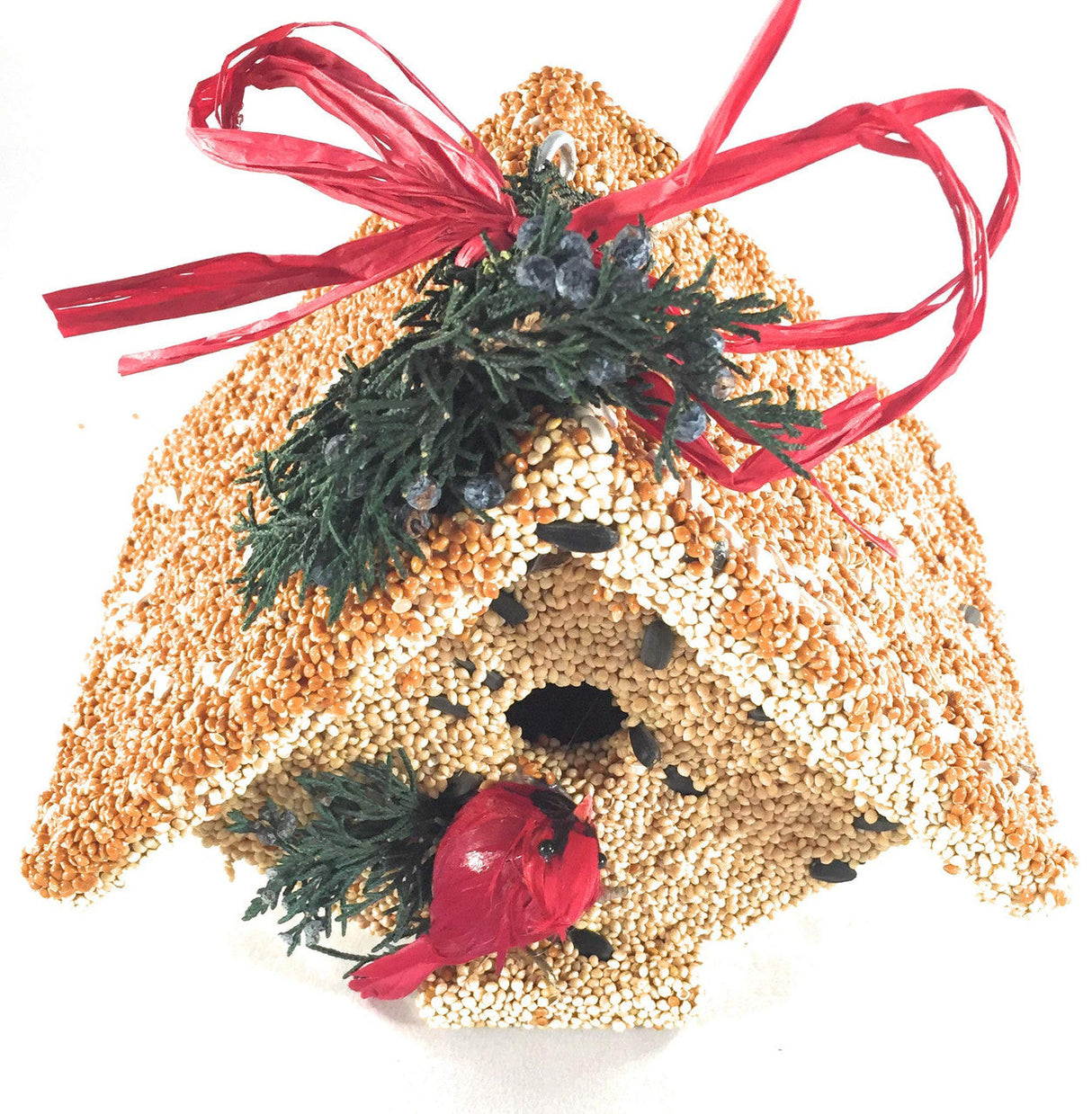 Handmade birdhouse feeder featuring a red cardinal near juniper sprigs berries and a red ribbon bow