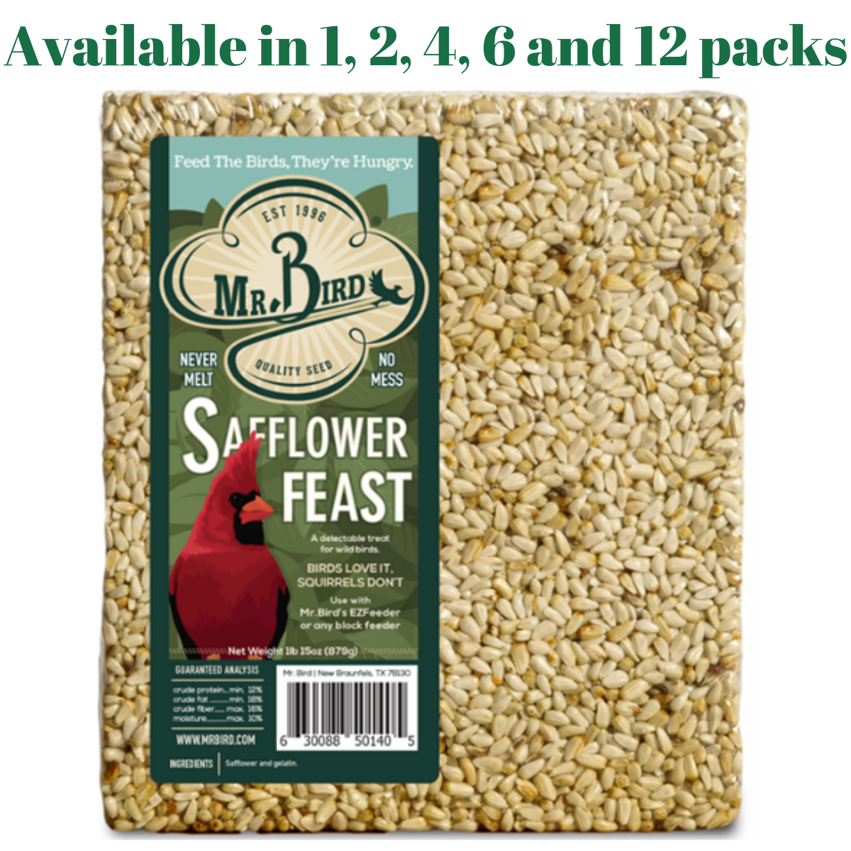 Mr. Bird Safflower Feast Large Wild Bird Seed Cake 1 lb. 15 oz. pack for feeding cardinals and backyard birds.