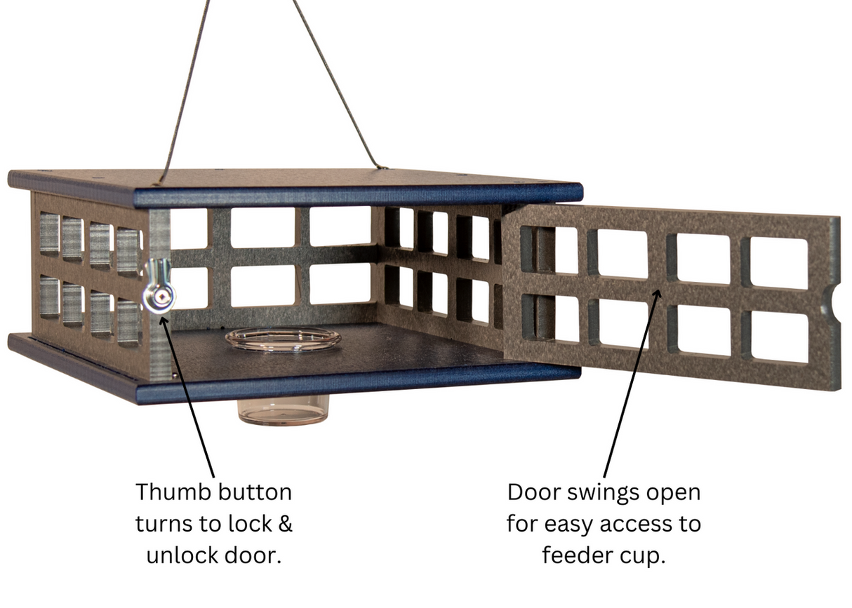 JCS Wildlife Recycled Poly Lumber Caged Platform Bluebird Feeder showing its lockable door and feeder cup access.