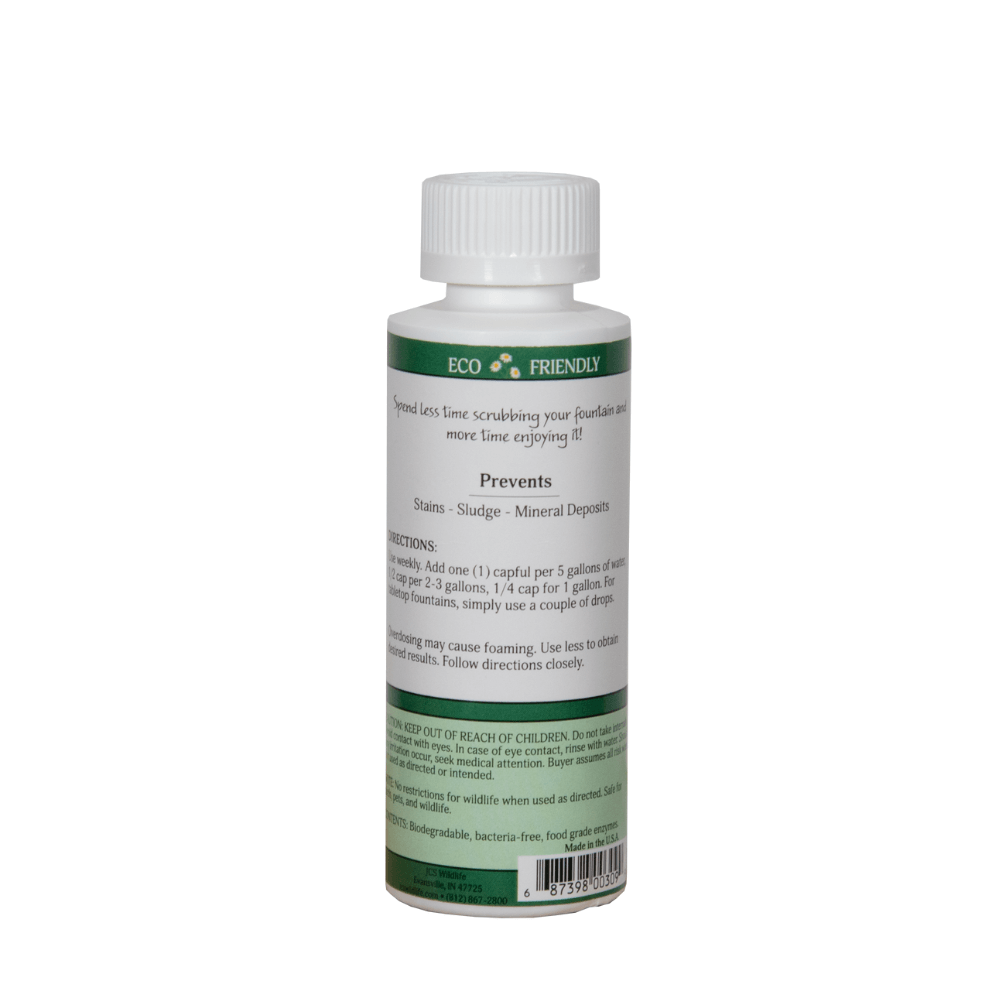 JCs Wildlife Fountain Protector bottle, eco-friendly solution to prevent stains and sludge in outdoor water features.