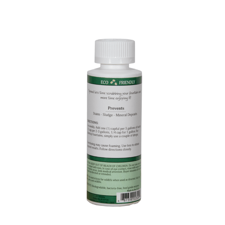 JCs Wildlife Fountain Protector bottle, eco-friendly solution to prevent stains and sludge in outdoor water features.