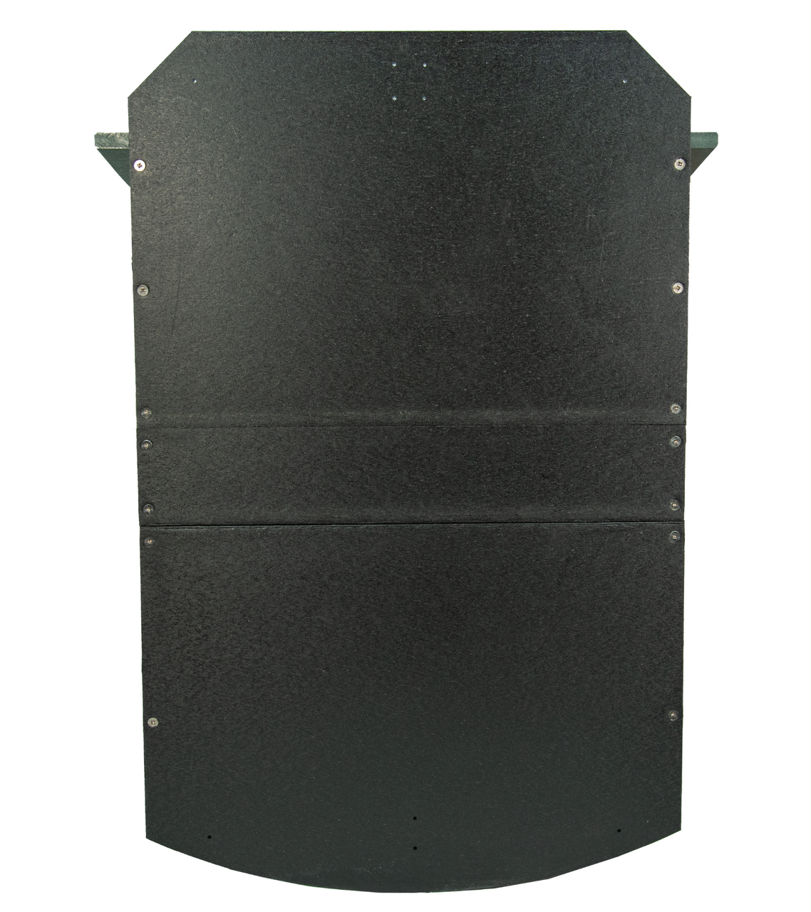Product shot of a dark-green plastic back panel with visible screws, horizontal segments, and a slightly curved bottom edge