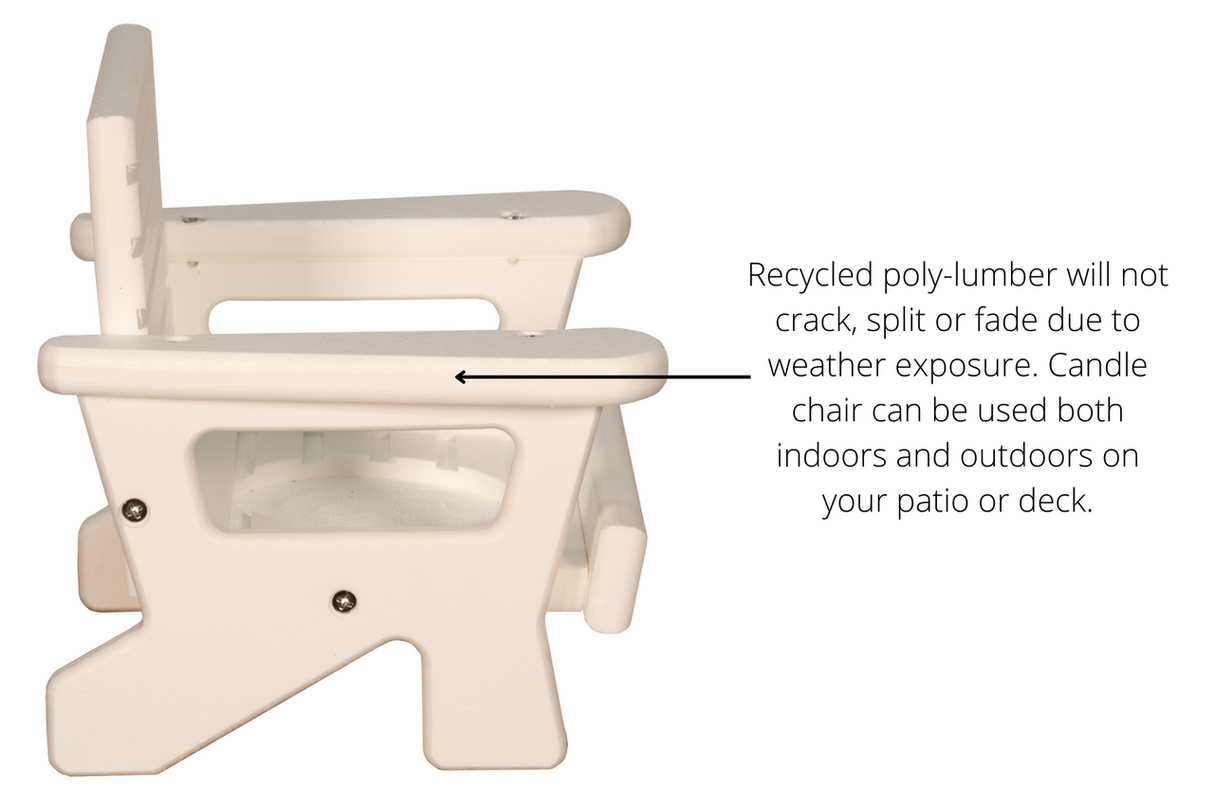 Side view of JCS Wildlife Mini White Adirondack Chair Candle Holder, durable recycled poly-lumber for indoor/outdoor use.