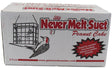 Pinetree Farms illustration of an eight-pack of Never Melt Suet Peanut Cake featuring a woodpecker near a cage feeder and a red flame logo with a thermometer