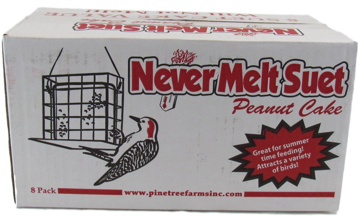 Pinetree Farms illustration of an eight-pack of Never Melt Suet Peanut Cake featuring a woodpecker near a cage feeder and a red flame logo with a thermometer