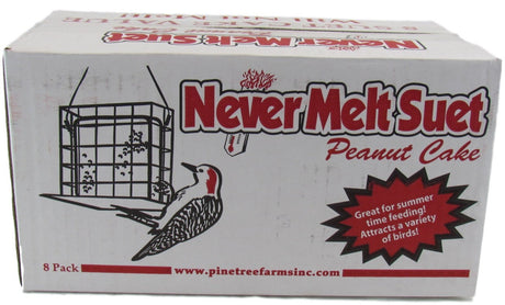 Pinetree Farms illustration of an eight-pack of Never Melt Suet Peanut Cake featuring a woodpecker near a cage feeder and a red flame logo with a thermometer