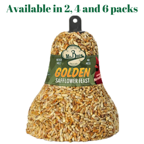 Mr. Bird Golden Safflower Feast Wild Bird Seed Bell available in 2, 4, and 6 packs for attracting birds without squirrels.