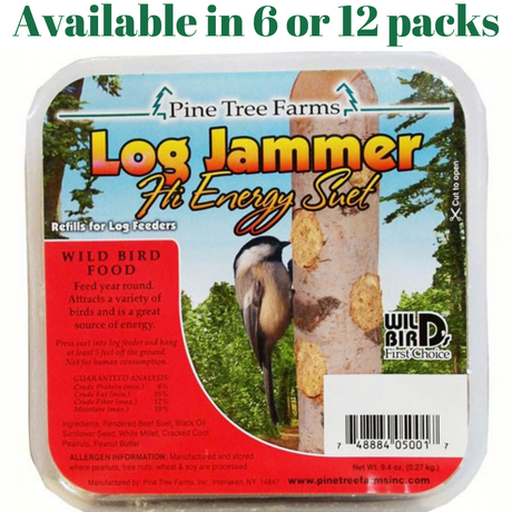 Pine Tree Farms Log Jammers Hi Energy Suet for wild birds, available in 6 or 12 packs, high energy bird food.