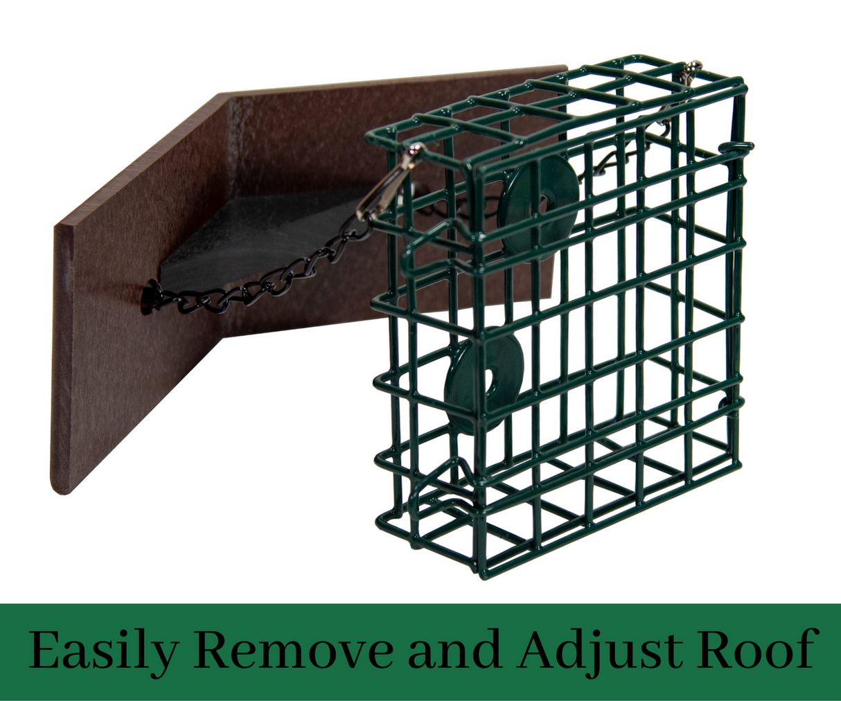JCS Wildlife Single Suet Cage with Poly Lumber Roof showing removable roof for easy adjustment.