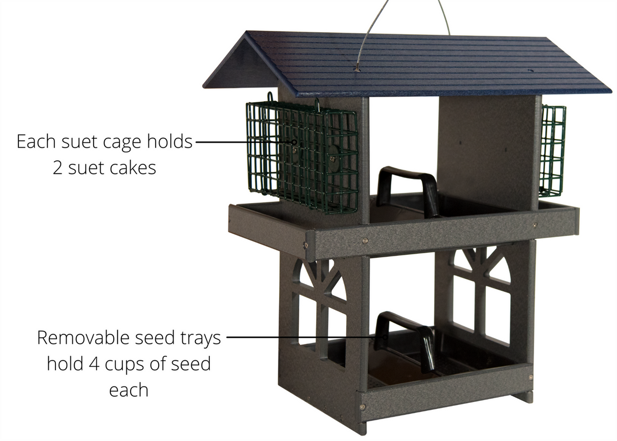 JCS Wildlife Double Fly Thru Bird Feeder with Suet Cages featuring removable trays and suet cages for bird feeding.