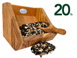 JQs Wildlife wooden bird feeder filled with 20 lbs of wild birdseed mix featuring sunflower seeds, peanuts, and dried cranberries in a rustic wooden scoop and container