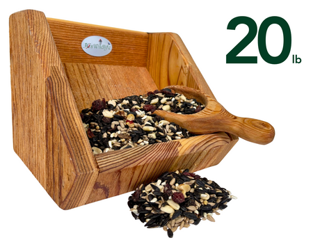 JQs Wildlife wooden bird feeder filled with 20 lbs of wild birdseed mix featuring sunflower seeds, peanuts, and dried cranberries in a rustic wooden scoop and container
