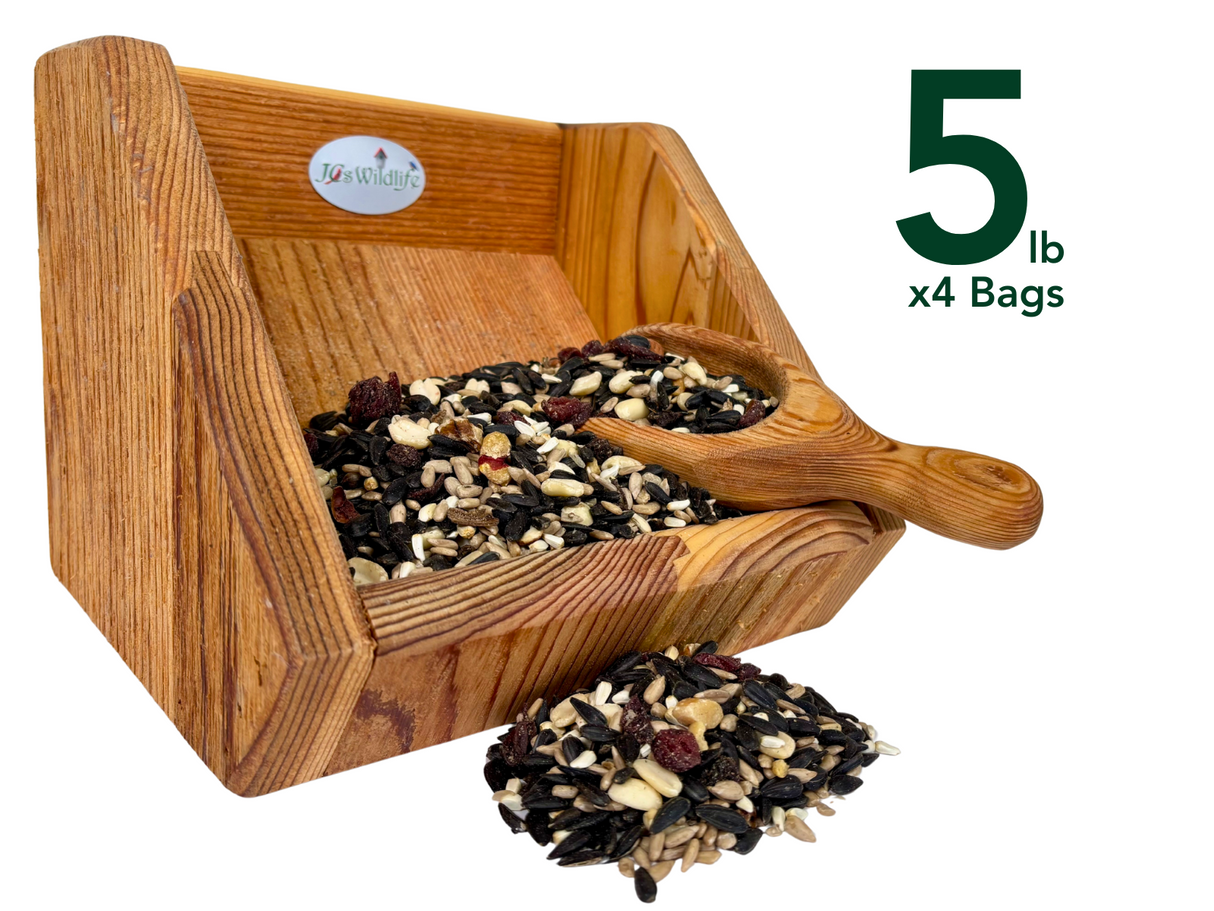 JQs Wildlife wooden bird feeder filled with a mix of seeds nuts and dried cranberries showcasing a wooden scoop and rich wood grain
