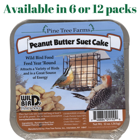 Pine Tree Farms Peanut Butter Suet Cakes available in 6 or 12 packs, ideal wild bird food for year-round feeding.