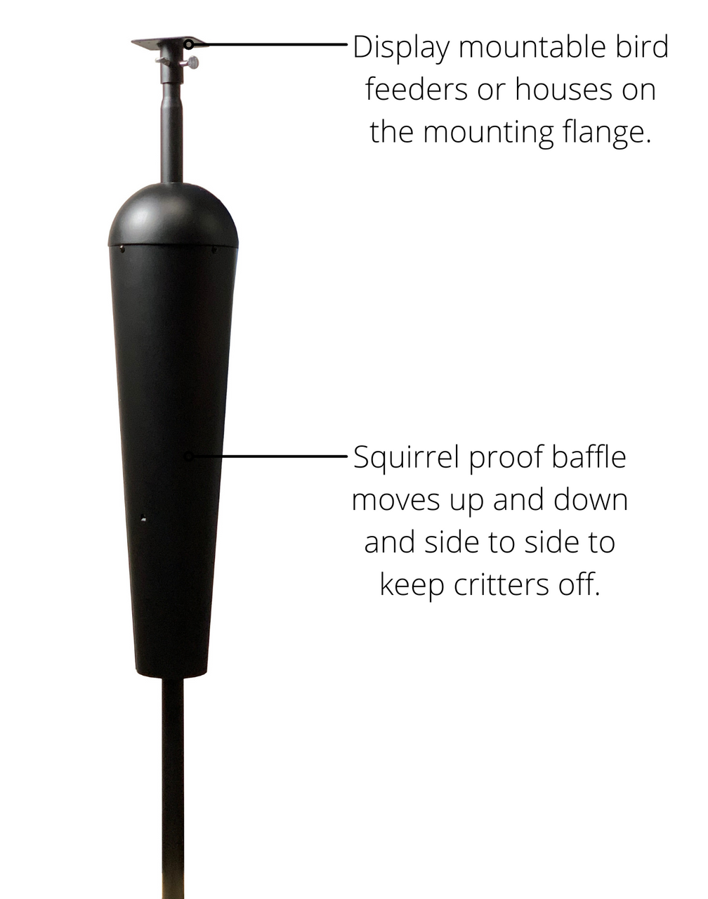 Product shot of a black metal squirrel-proof bird feeder stand with a display mount adjustable baffle and a sleek design