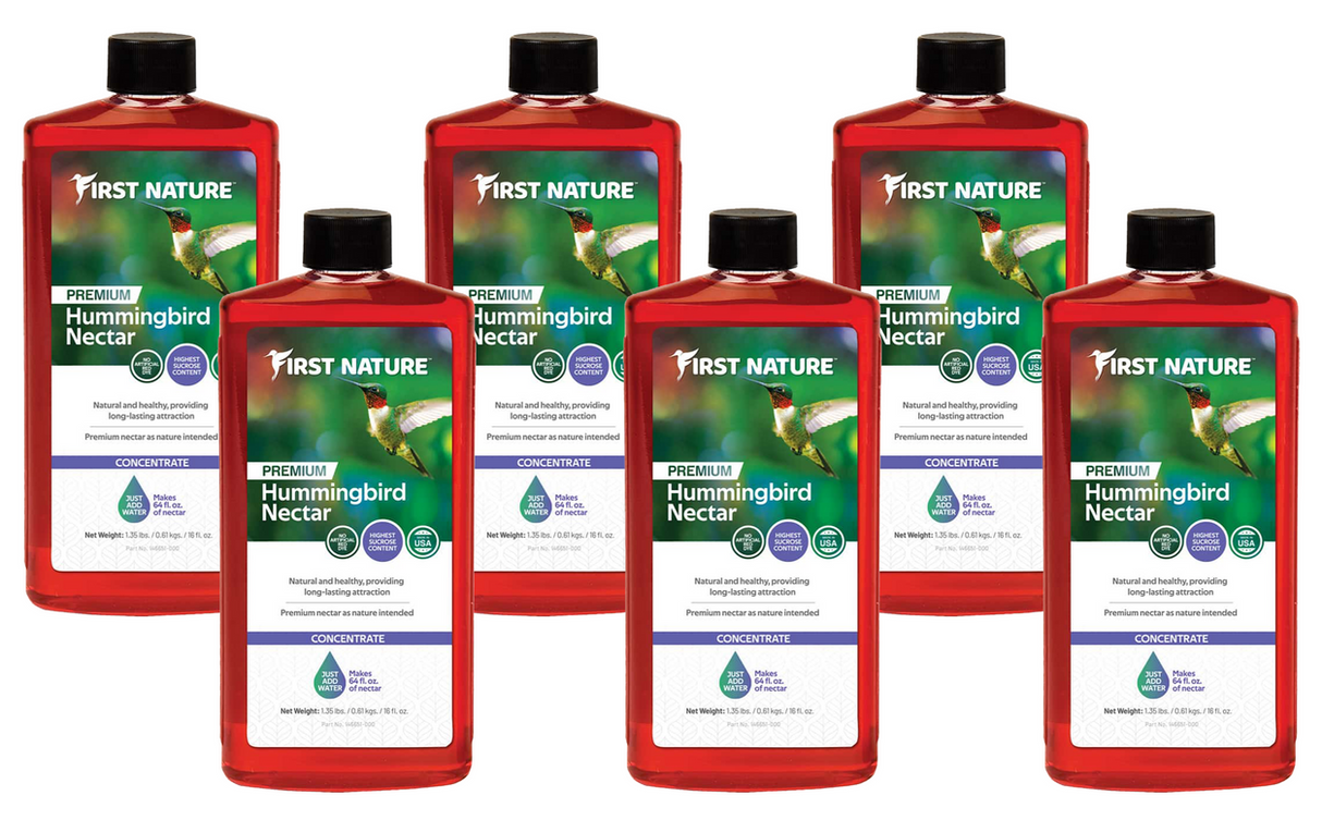 First Nature 3050 Red Hummingbird Nectar Concentrate 16 oz, pack of 6 bottles for attracting hummingbirds.
