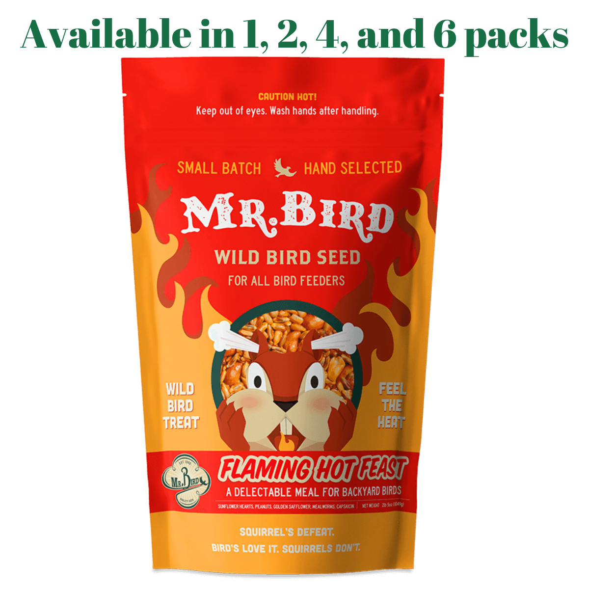 Mr. Bird Flaming Hot Feast 4 lbs loose bird seed bag for wild birds, available in 1, 2, 4, and 6 packs.