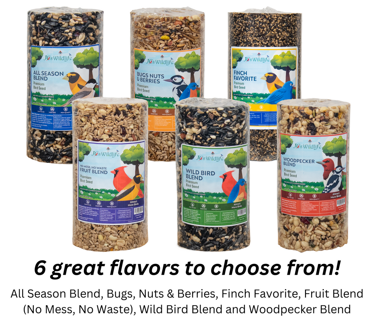 JCS Wildlife No Mess, No Waste Fruit Blend Premium Bird Seed Cylinder with various bird seed flavors displayed.