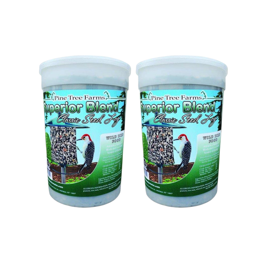 Pine Tree Farms Superior Blend Classic Seed Log 68 oz for attracting birds, featuring seeds and nuts in a convenient container.