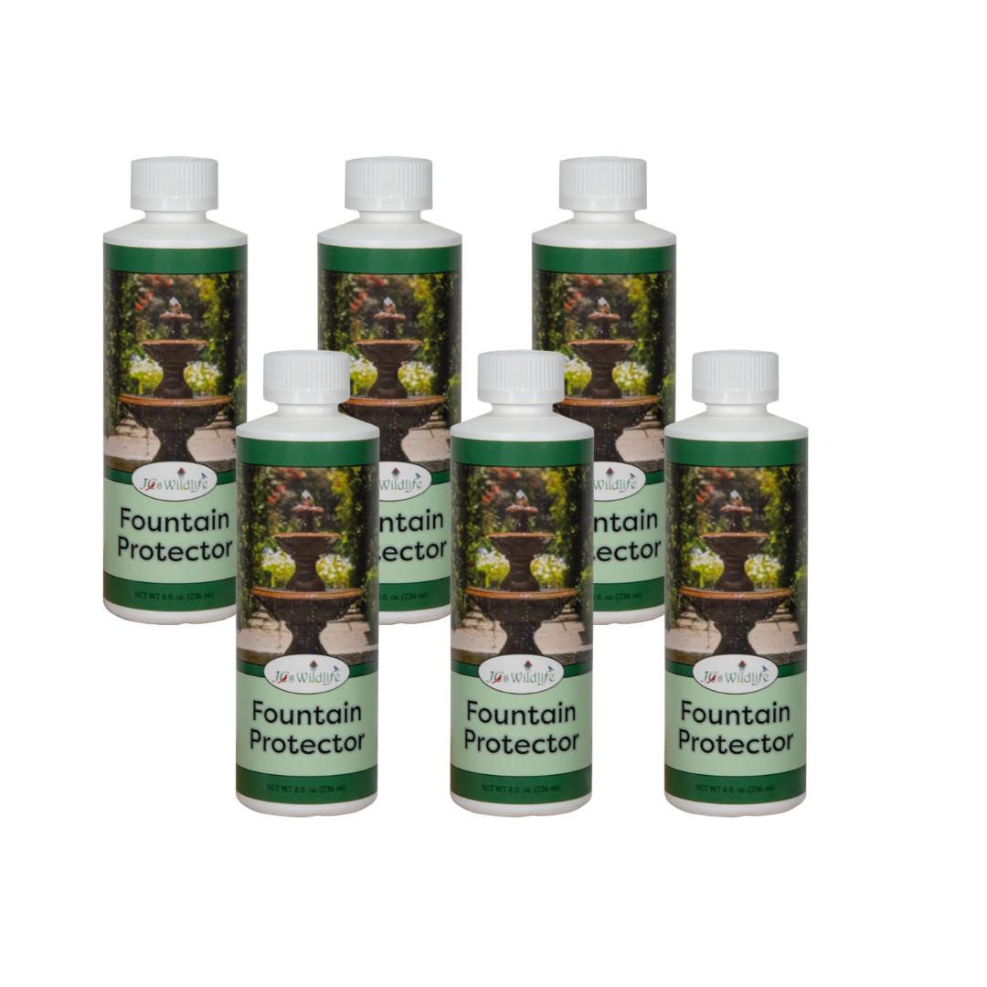JCs Wildlife Fountain Protector six bottles for clean outdoor decor and water features, safe for birds and pets.