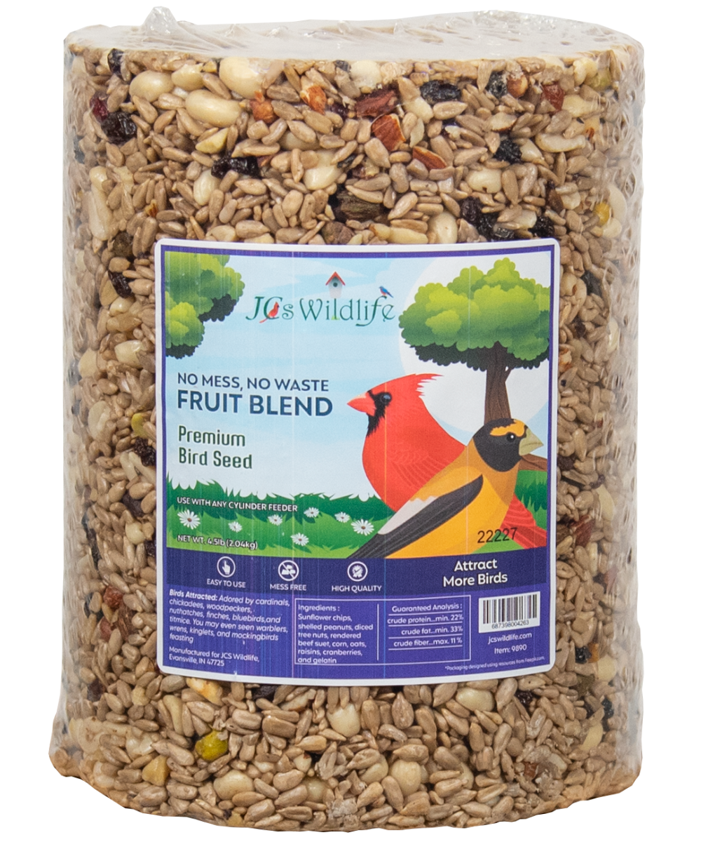 JCS Wildlife Premium Bird Seed Cylinder Fruit Blend packed with seeds and fruit to attract more birds.