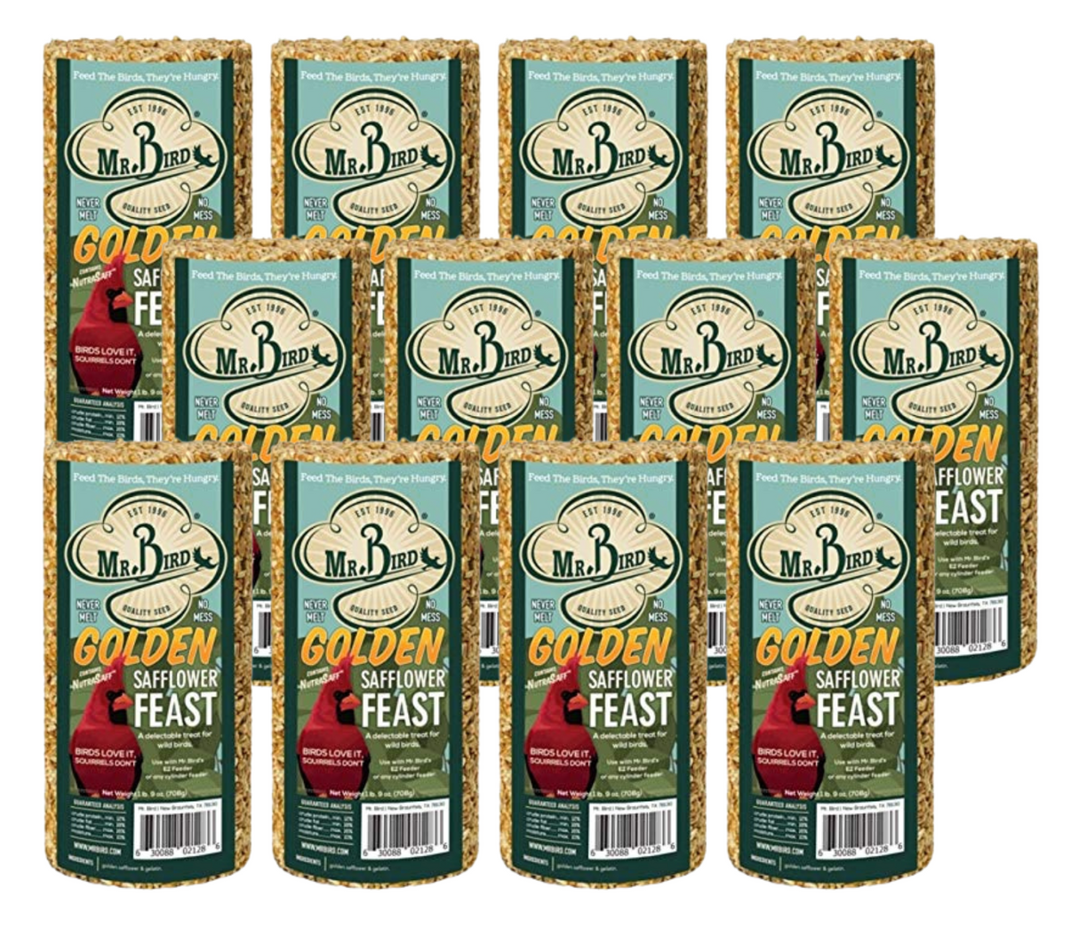 Mr. Bird Golden Safflower Feast Small Wild Bird Seed Cylinder 25 oz., ideal for attracting cardinals and grosbeaks.