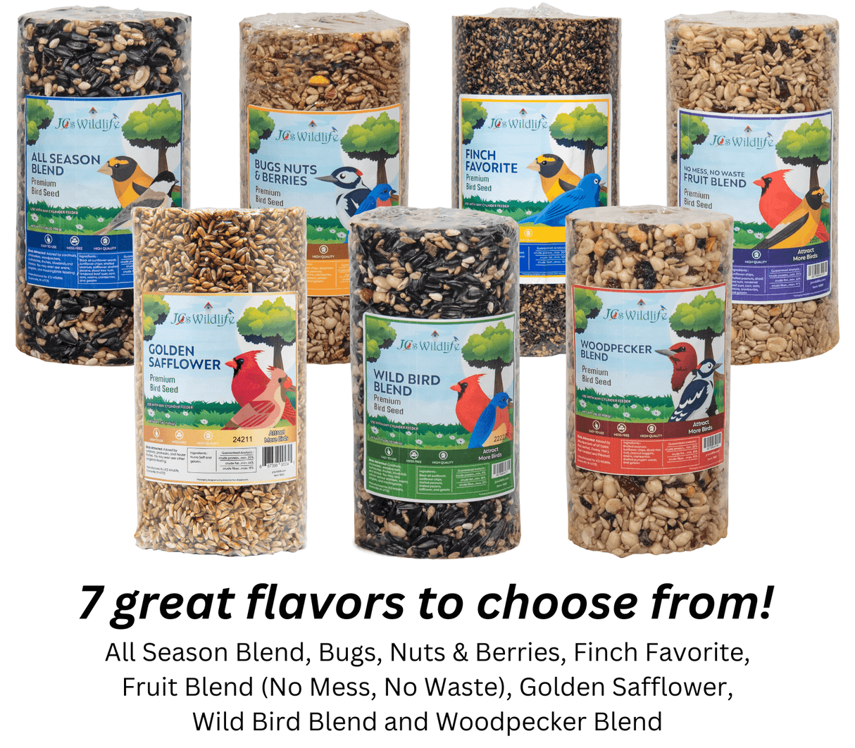 JCS Wildlife bird seed varieties including All Season, Bugs Nuts & Berries, Finch Favorite, and Golden Safflower.