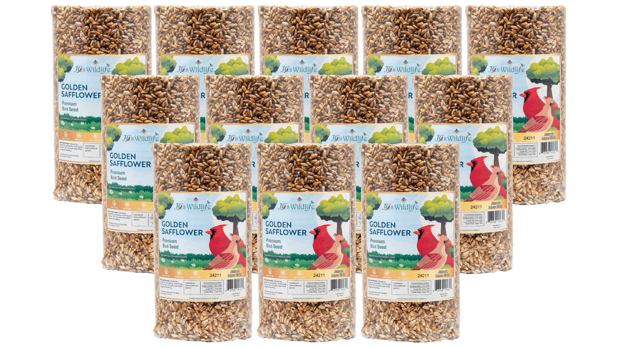 JCS Wildlife Golden Safflower Premium Bird Seed Small Cylinder packaged and stacked for bird feeding.