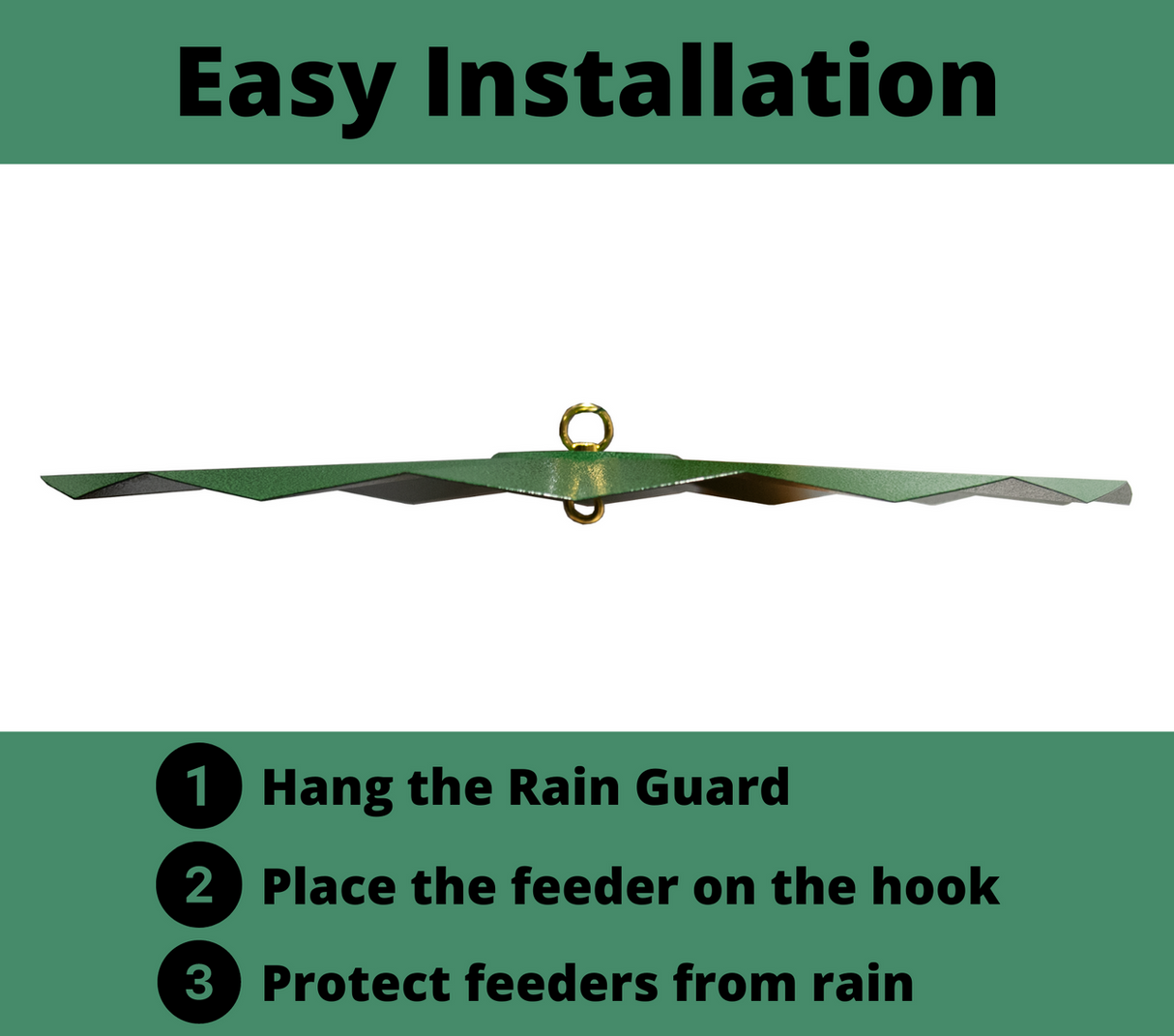 Easy installation steps for JCS Wildlife 22.5" Rain Guard with hook for protecting bird feeders from rain.