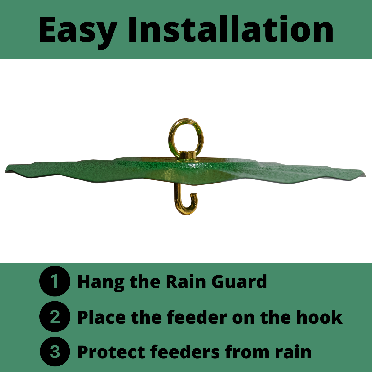 Easy installation guide for JCS Wildlife 9.5" Rain Guard with steps to protect feeders from rain.